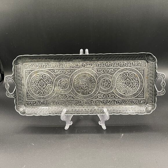 Vintage Turkish Pewter Tea Tray Made in Turkey - Picture 1 of 8